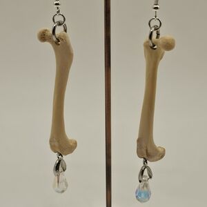 Handmade Bone Dangle Earrings with Crystal Drop - Beige